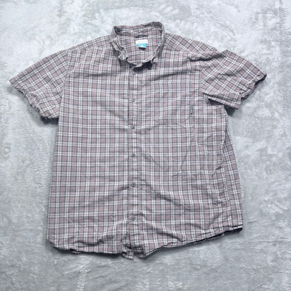 Columbia First Ascent Button Down Shirt Mens XXL Grey Plaid Short Sleeve Cotton